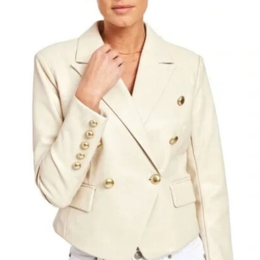 7 For All Mankind Double Breasted Faux Leather Womans Blazer with Gold Accents